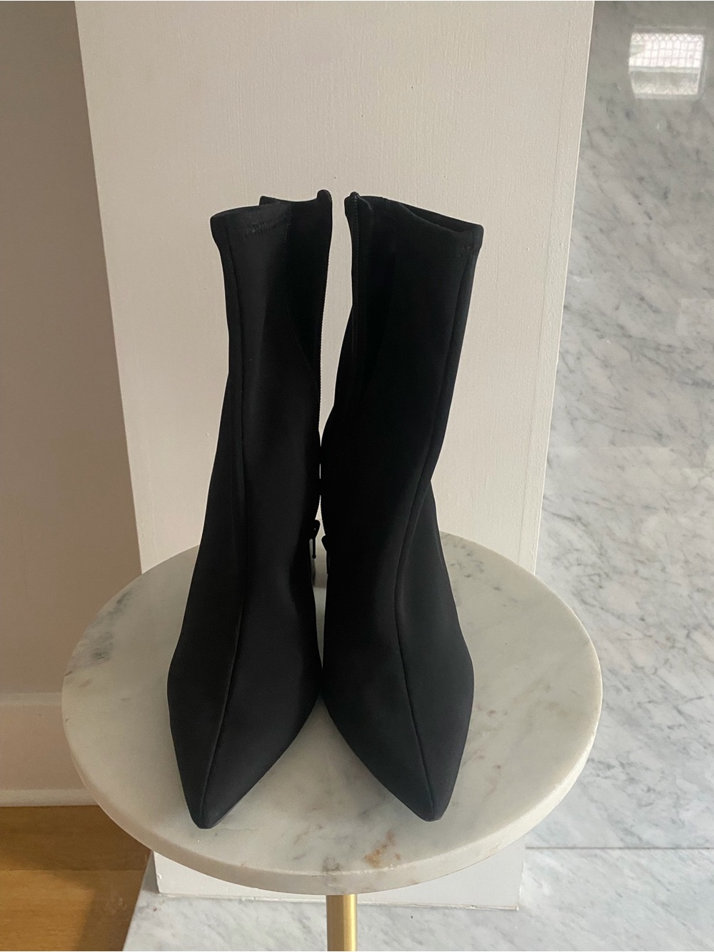 Jeffrey Campbell Black Pointed Sock Boots with Mid-Calf Silhouette